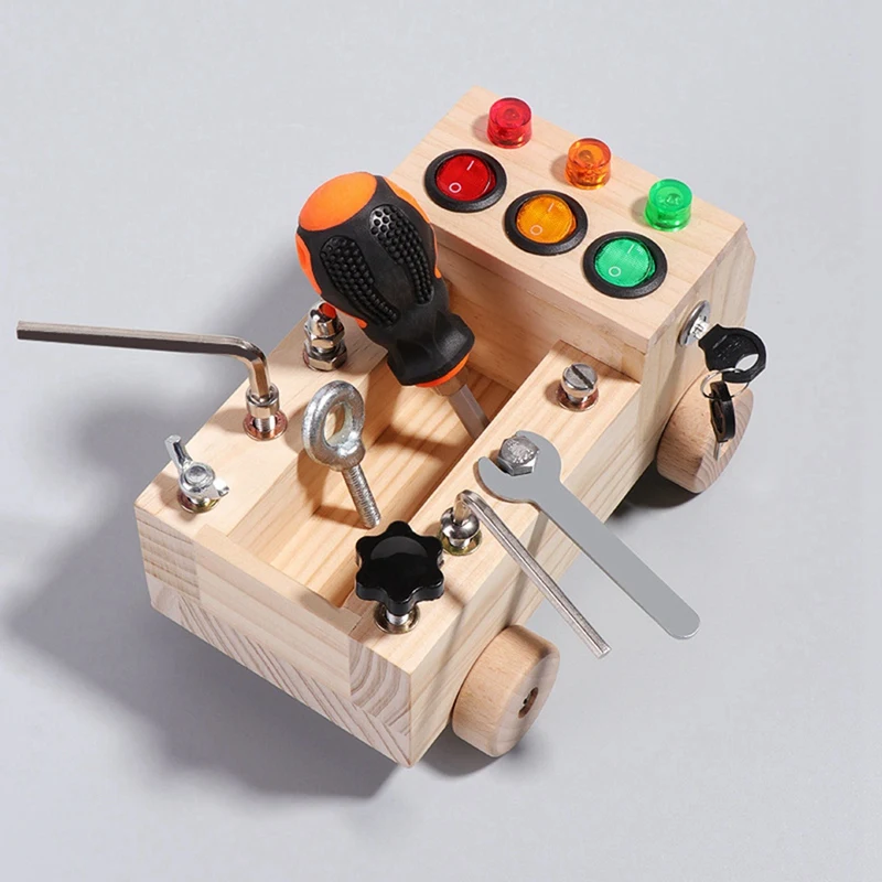 Wooden LED Switch Busy Board Disassembly And Assembly Screws And Nuts Tool Set Kit Car Montessori Early Education Puzzle Toy Kit