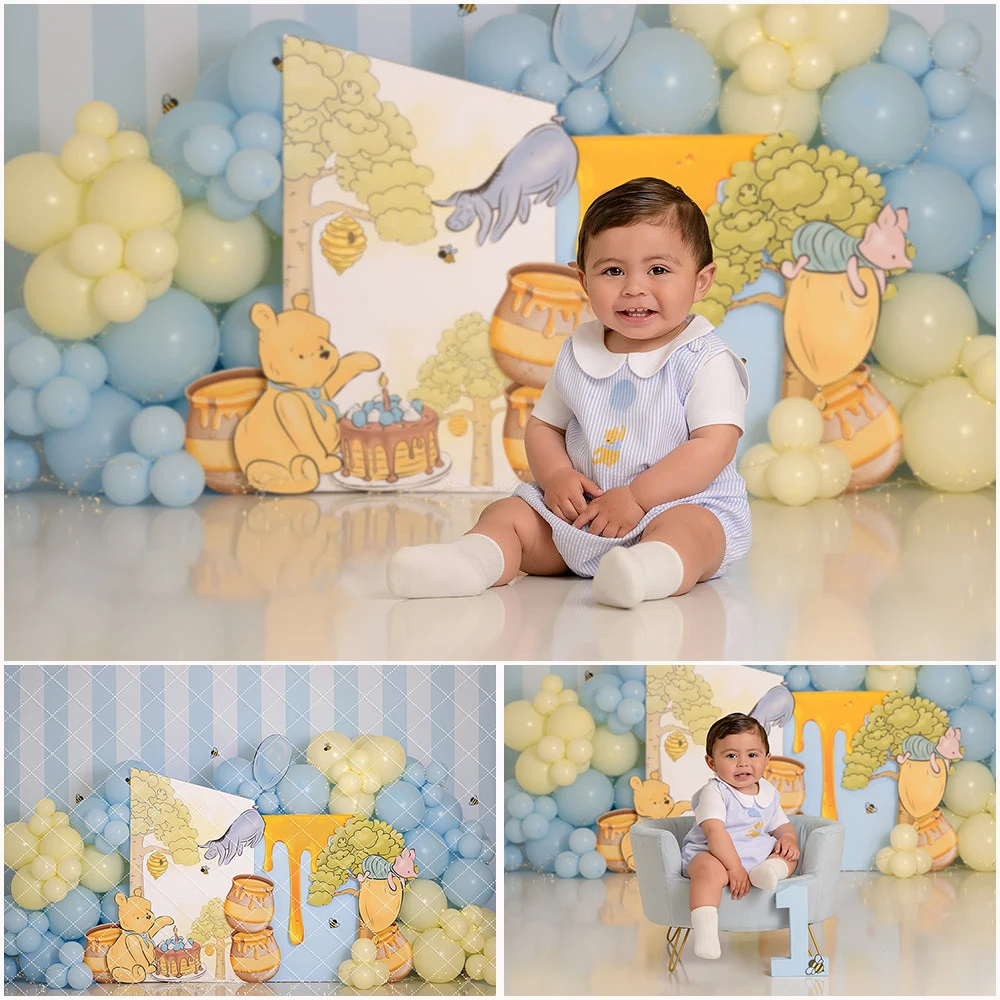 Honey Pots Sweet Bee Backdrop Boy Birthday Cake Smash Photography Backgrounds Blue Stripe and Balloon Photo Banner Studio Props