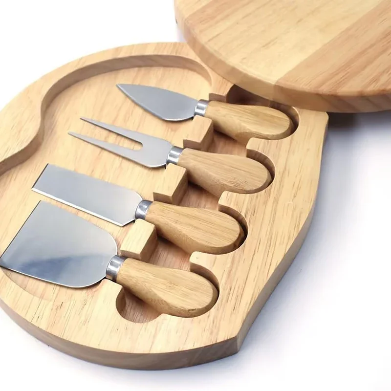 Wood Cheese Board Set Cheese Knife Wood Cutting Board Bamboo Round Cheese Board and 4 Knives Set with Slide-Out Cutlery Drawer