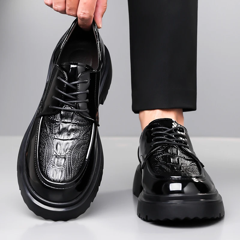 خريف جديد أزياء من الدانتل يصل سميكة سوليد الرجال الأعمال الرسمية أحذية من الجلد ماركة الرجال مريحة جلد التمساح ديربي الأحذية