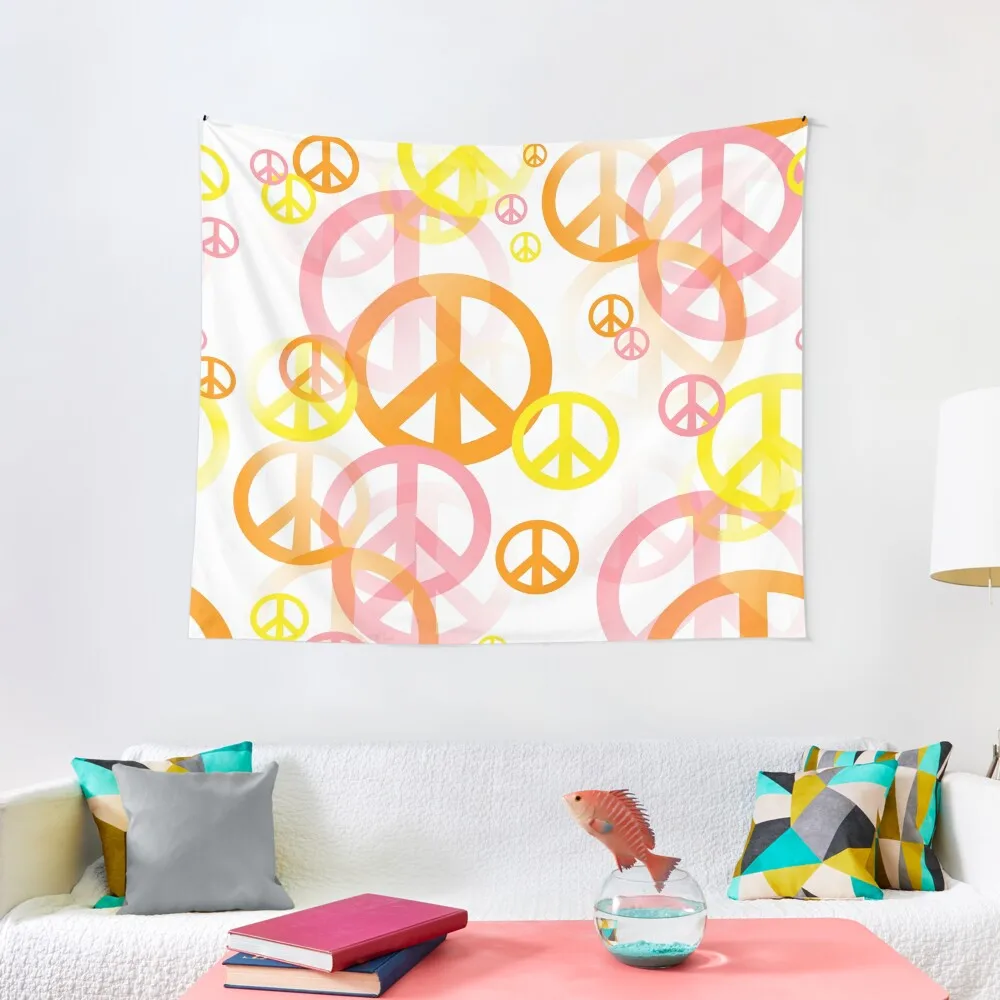 

1960's Retro Peace Signs in Orange, Pink and Yellow Tapestry Room Decorating Aesthetic Bedroom Deco Tapestry
