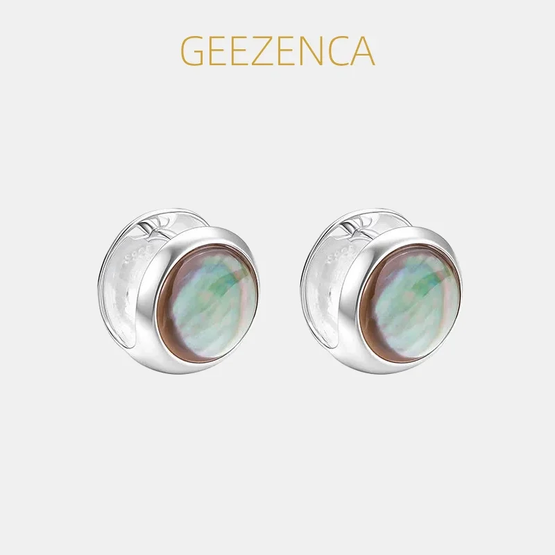 GEEZENCA 925 Sterling Silver Mother of Pearl Round Huggie Hoop Earrings Women Trendy Dainty Small Stack Convertible Earring Gift