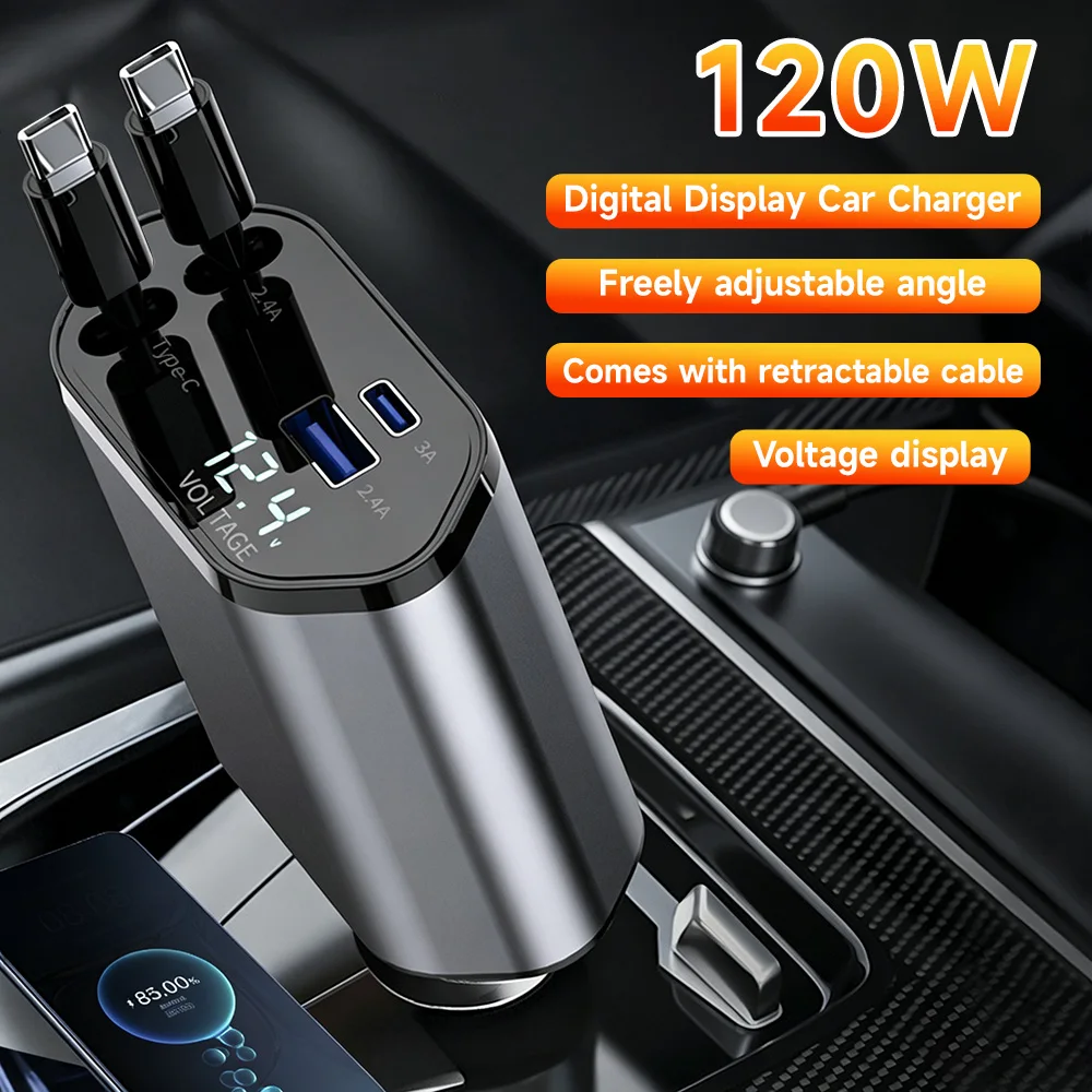 3 in 1 120W Car Charger Retractable Car Cigarette Lighter Adapter USB Type C to Type C Fast Charger Cable For iPhone Samsung