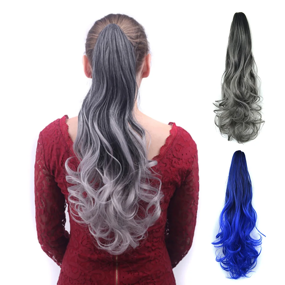 Claw Clip Ponytail Extensions, Black Ombre Gray Blue Red Wavy Synthetic Hair, Easy Install, Instant Volume for Daily & Parties