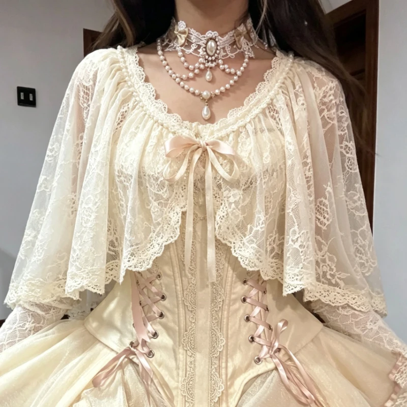Japanese Retro Sweet Lolita Lace Shawl Drawstring Doll Collar Blouse Embroidery Kawaii Versatile Women Fashion Cardigan Tops