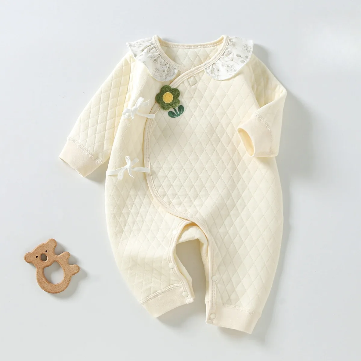 Newborn Baby Side Tie Romper Soft Cotton Long Sleeve Bodysuit Spring Autumn Floral Decor Onesie for Boys Girls Deaily Wear 0-6M
