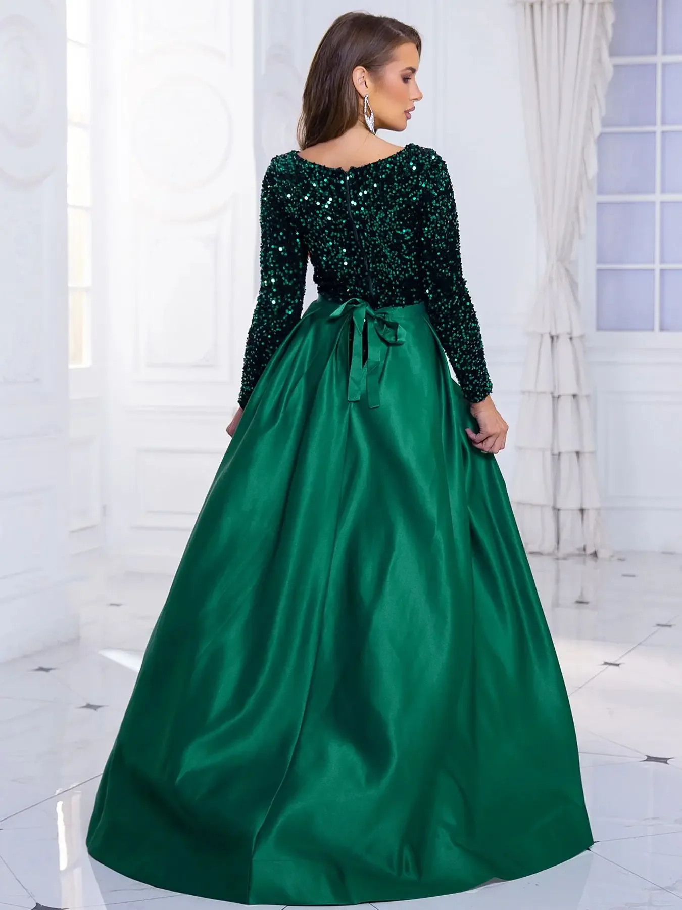 Long Sleeve O Neck Stretch Sequin Party Dress Floor Length Evening Night Prom Gown with Detachable Lace Up Skirt Green Black