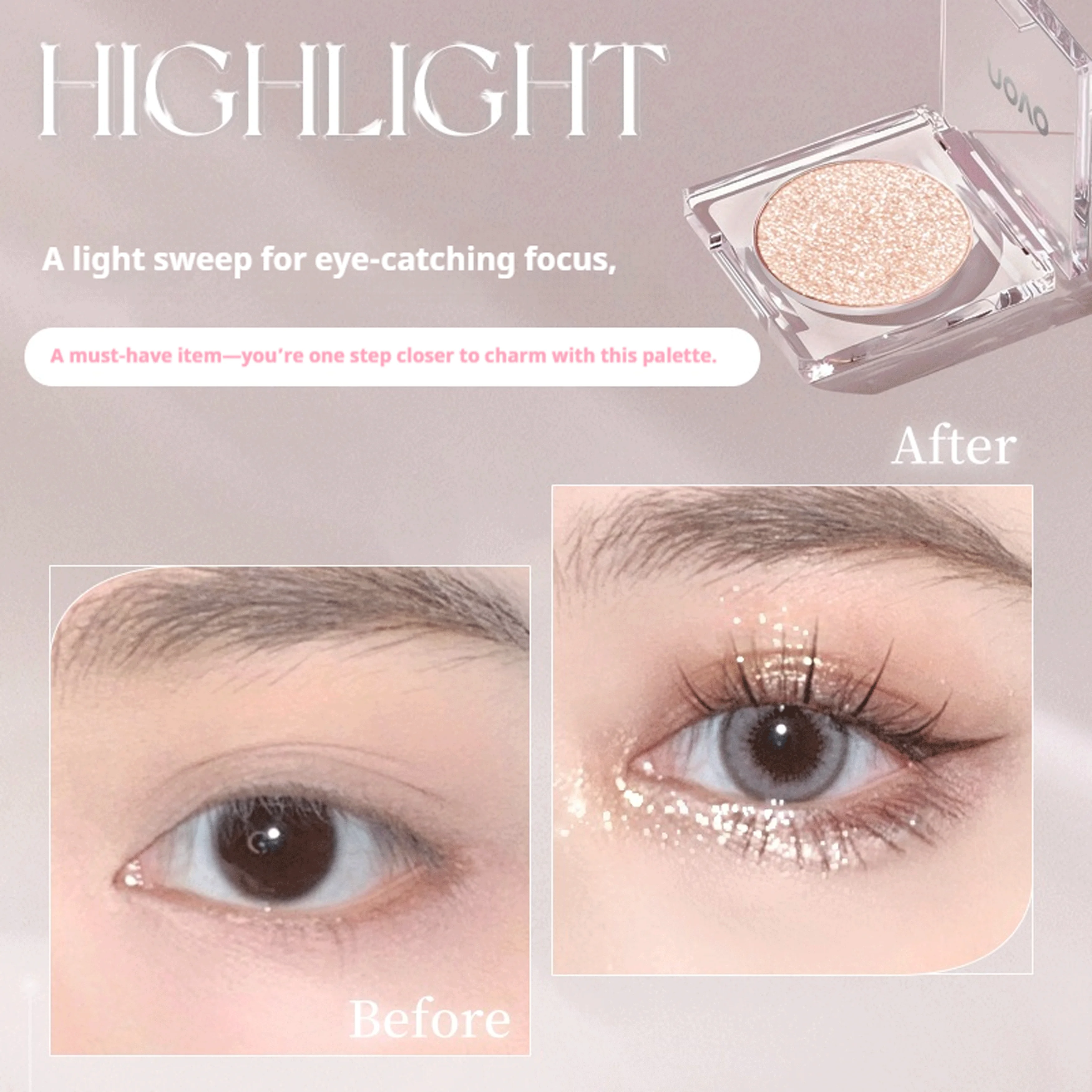 NOVO Ombretto monocromatico con finitura flash glitterata, base opaca morbida e setosa in polvere con finitura perlata