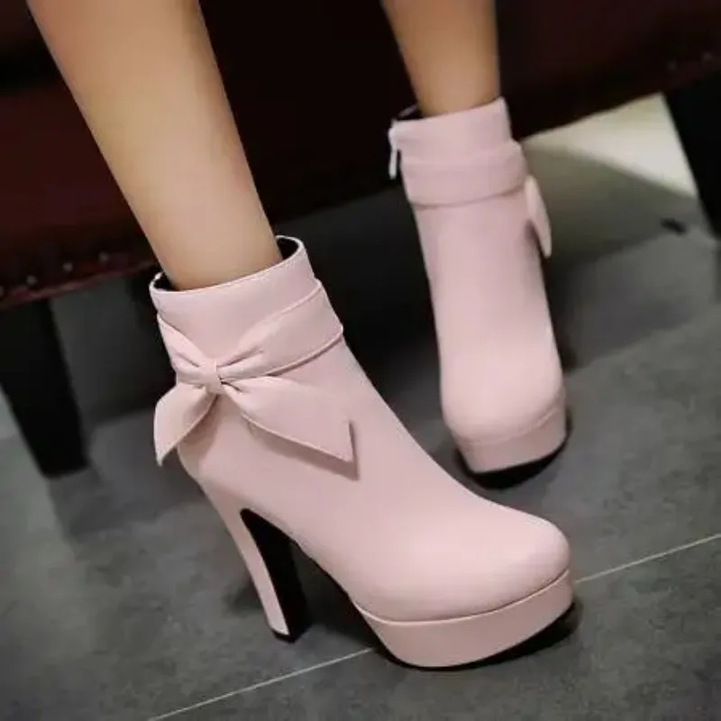 Elegant Short Boots Women Shoes Autumn Winter Women\'s Ankle Boot Platform Sweet Black White Pink Heeled Party Shoes Ladies 2025
