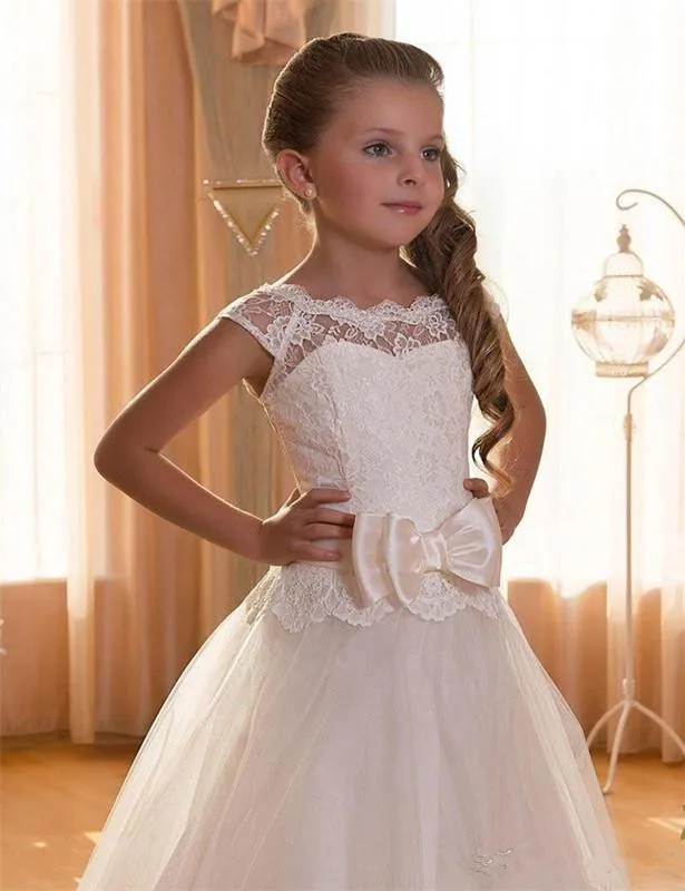 White First Communion Gown for Girls Backless Lace Appliques Bow Tulle Long Flower Gir Dresses Wedding Party Birthday Dresses