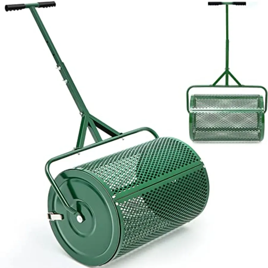 

24-дюймовый распределитель компоста для газона и сада, легкий металлический сетчатый валик для удобрений с регулируемой Т-образной ручкой, для торфа и верхнего слоя почвы