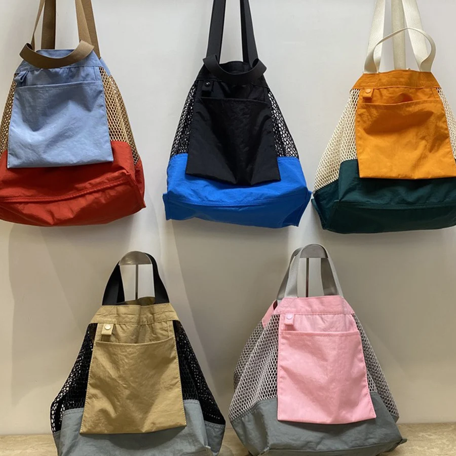 

Двусторонняя сумка для хранения контрастных цветов, большая вместительная сумка для ежедневных покупок, из сетчатой ткани, маленькая женская сумка через плечо, большая сумка для ношения подмышкой.