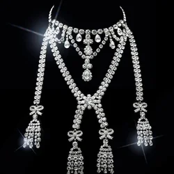 CUIER Exquisite Bowknot Fringle Tassel Rhinestone Necklace for Women Huge Size Body Chain Jewelry for Fashion show Accesories