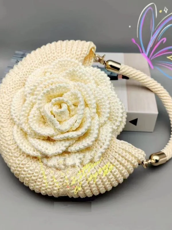 

Handwoven Flat Strap T Bag DIY Silk Cotton Flower Material Bag Handbag Korean Sle Women's Bag Youth Daily Use Magnetic Bule