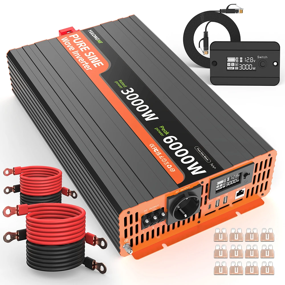 YULONGNE Onduleur à onde sinusoïdale pure 3000W DC 12V/24V, convertisseur de puissance de crête 6000W, prise UE, charge rapide USB-C, télécommande filaire LCD pour camping, camping-car, batterie solaire