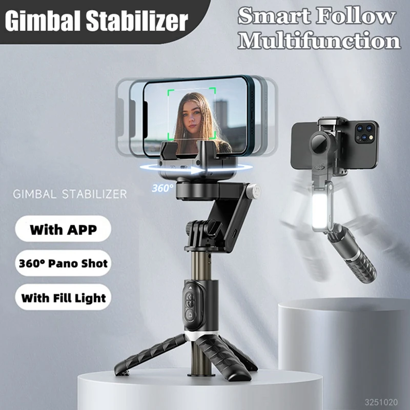 Phone Wireless Gimbal Stabilizer Selfie Stick 360 Degree Smart Face Tracking Live Recording With Fill Light