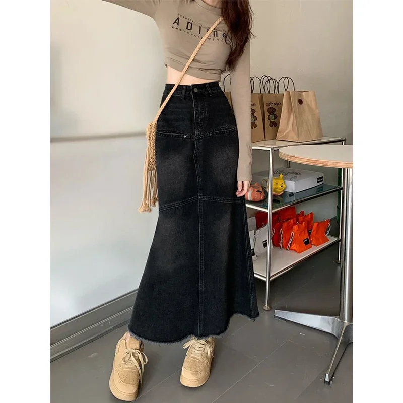 Y2K Vintage Denim Skirts Women Tassel Midi A Line Skirt Jeans Streetwear Korean High Waist Raw Edge Slim Casual Mermaid Skirt