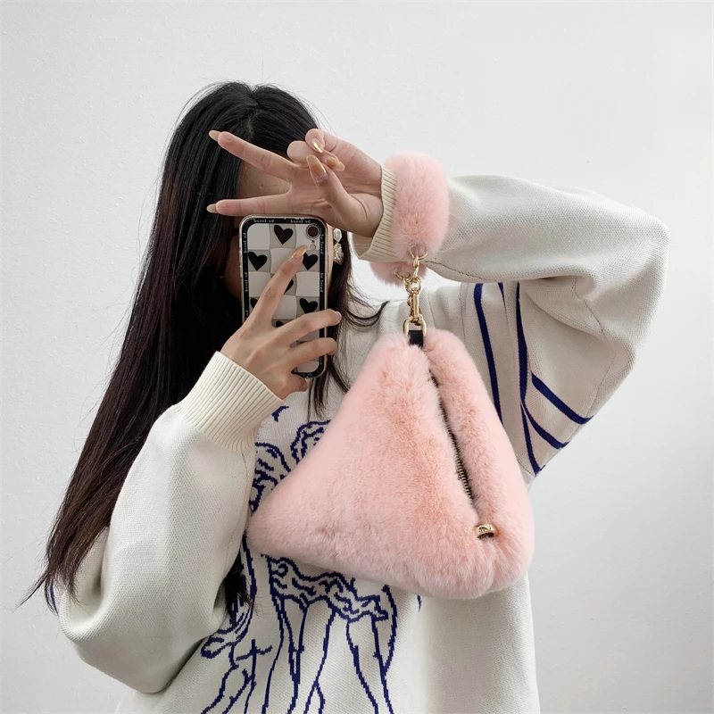 Autumn Winter New Fur Handbags Real Rex Fur Rabbit Fur Plush Triangle Bag