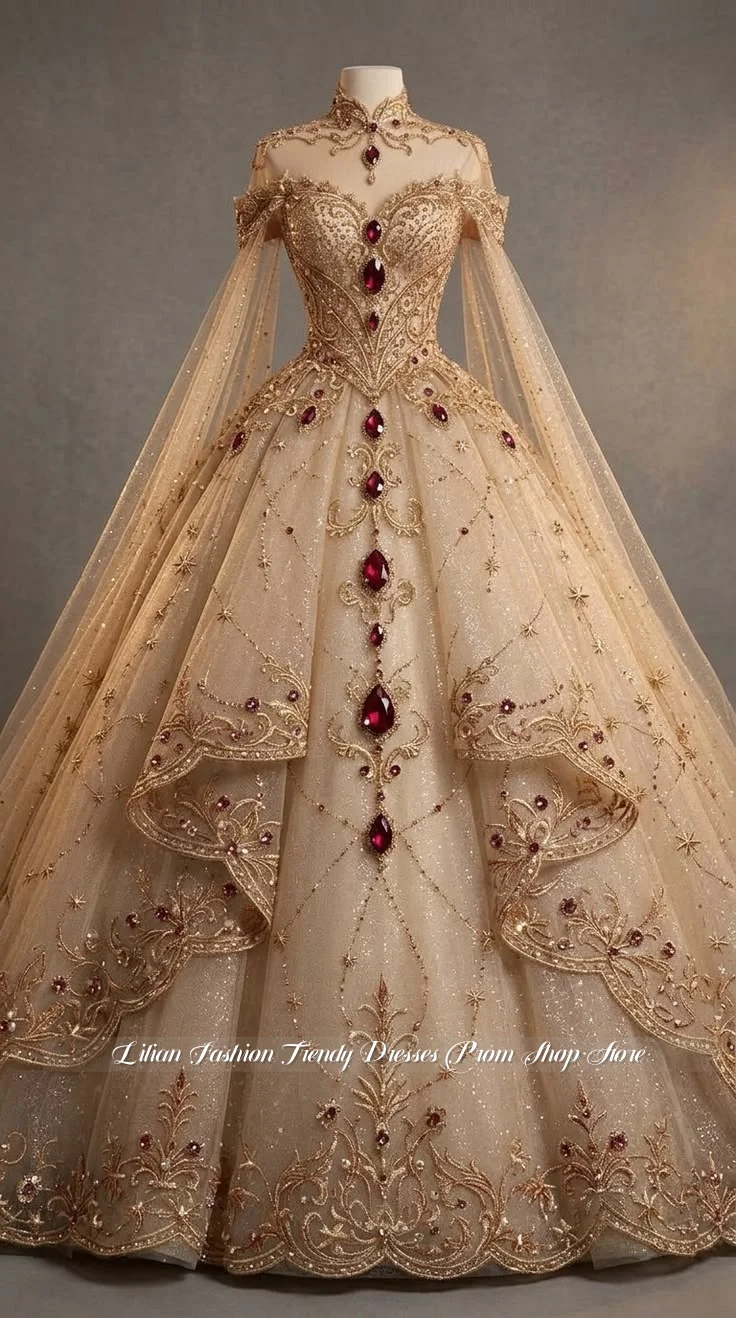 Glamorous Dreamy Champagne Wedding Dress Lace Corset Accented with Rubies Customized Princess Bridal Gown Formal Ball Gown
