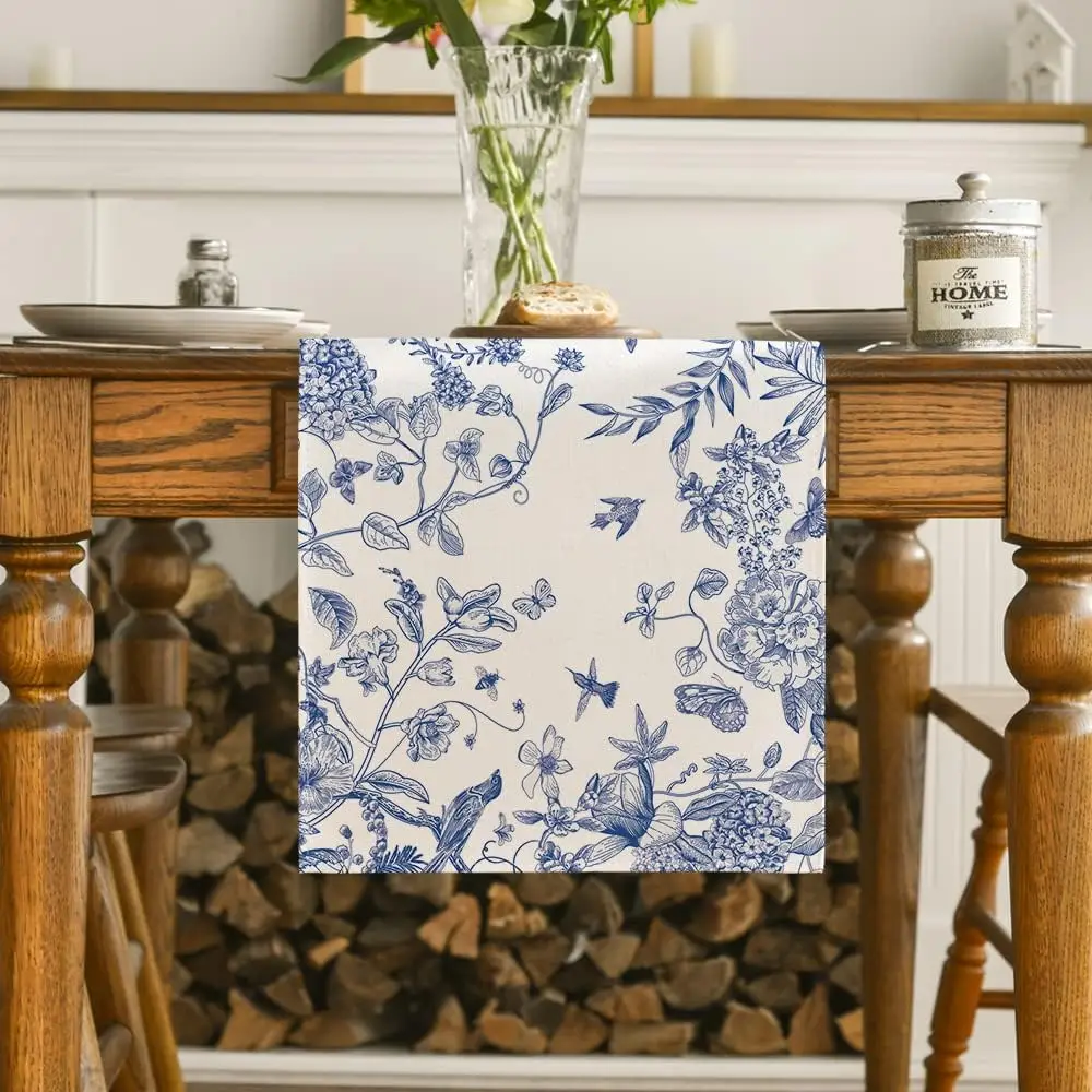 Monochrome Sketch Birds and Flowers Linen table runners home decorations reusable Kitchen dining table runners party supplies