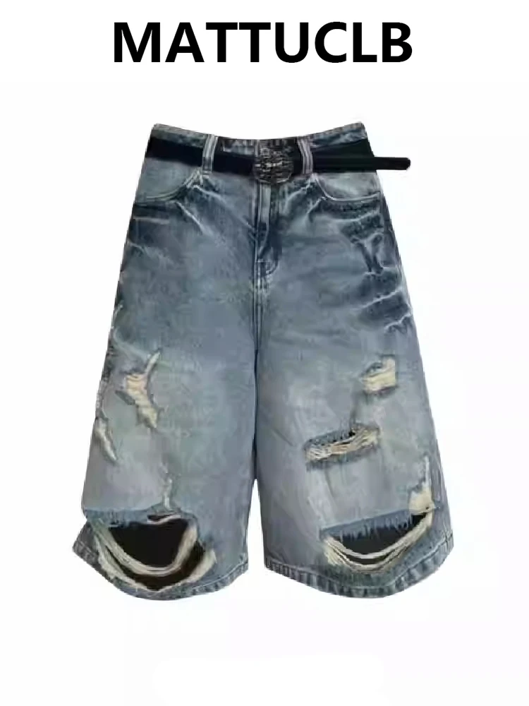 

2026 Summer Women American Retro Boyfriend Jorts Hole Jean Shorts Ripped Denim Shorts Y2K 2000s Japanese Harajuku Calf-Length
