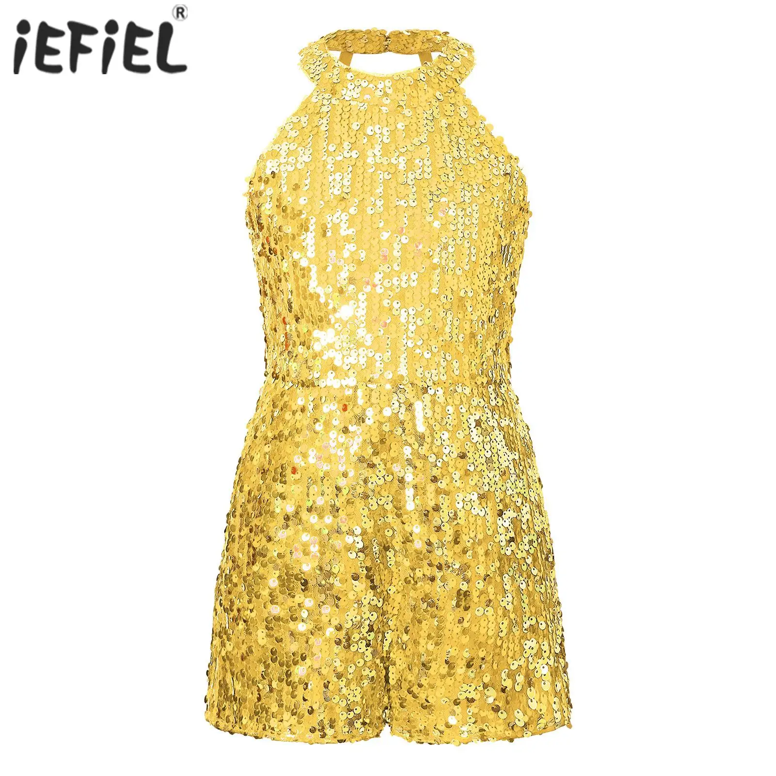 Kids Girls Jumpsuit for Ballet Dancing Allover Sequin Pageant Romper Sleeveless Short Gymnatics Ballet Jazz Dance Costumes