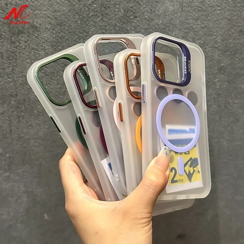 Luxury Metal Camera Bracket Magsafe Case for iPhone 11 12 13 14 15 Pro Max 15 Plus Slim Matte Lens Protector PC Shockproof Cover