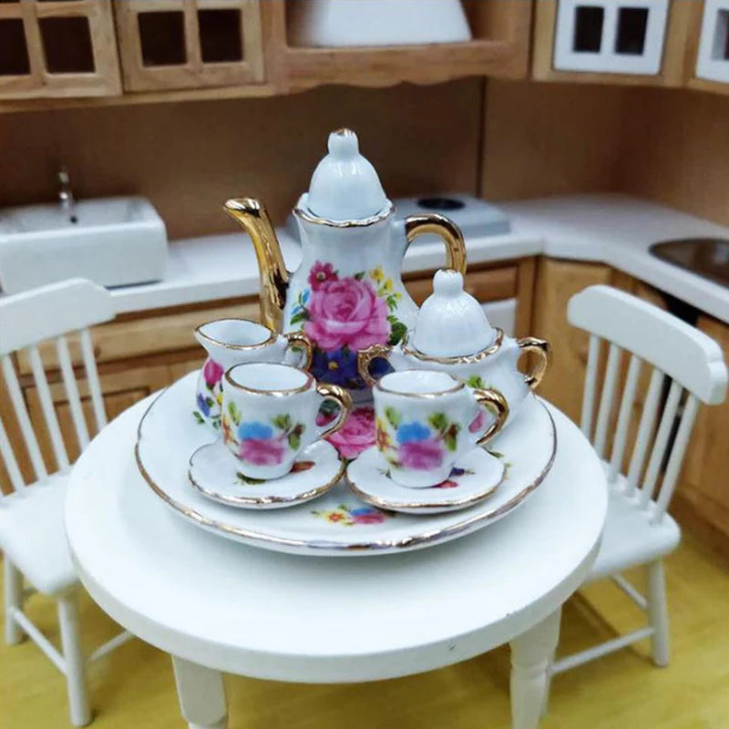 8Pcs/set 1:12 Dollhouse Miniature Dining Ware Porcelain Tea Dish Cup Plate