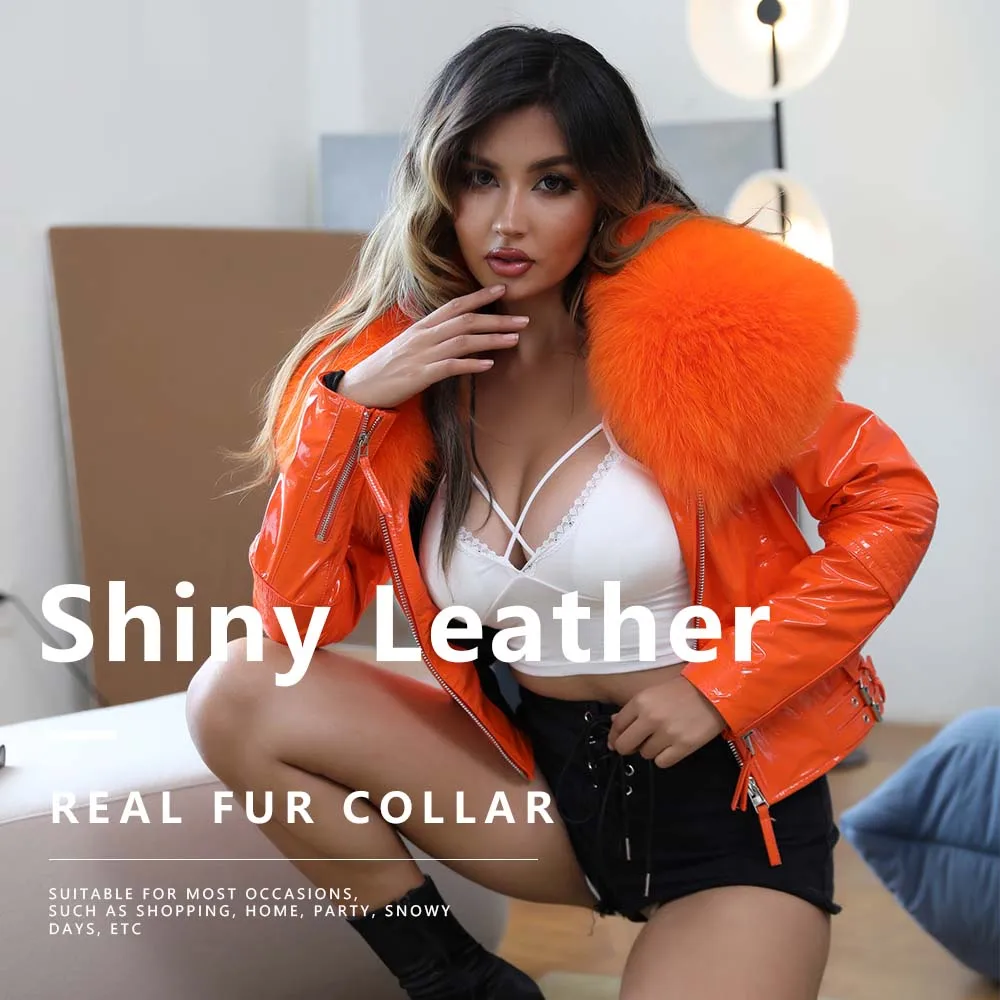Wholesale Short Women Genuine Leather Real Fox Fur Collar Leather Jacket Women