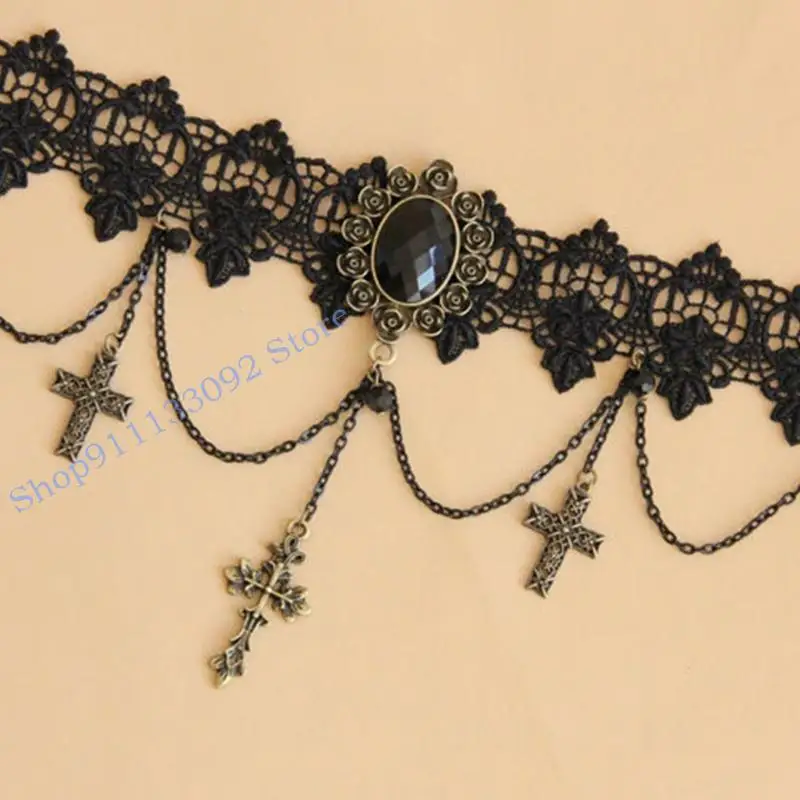 H9ed Retro Black Lace القوطية البيان القوطية قلادة قلادة قلادة #4