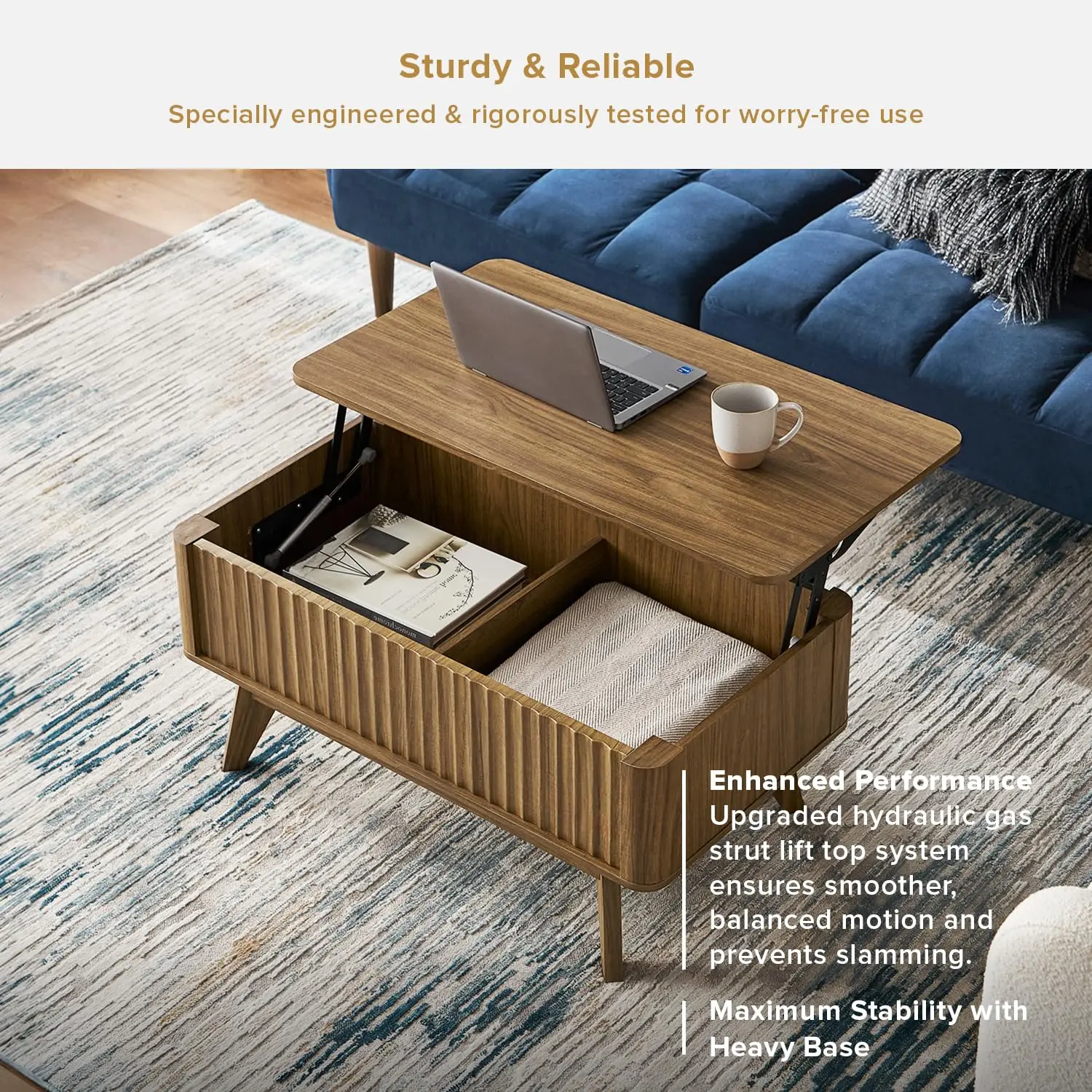 Lift Top Coffee Dining Table Fluted Wood Grain Storage Living Room Office 47