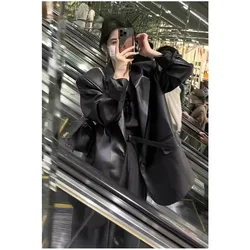 SuperAen-Chaqueta de cuero sintético para mujer, traje negro de alta gama, cuello holgado, Otoño, 2024