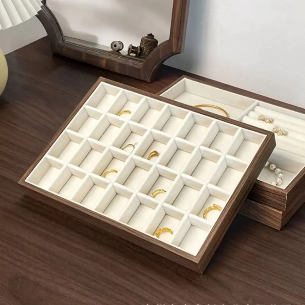 Multi-Compartment Wooden Jewelry Display Tray Solid Wood Flat Bottom Earrings Storage Holder Space Saving Velvet Lining