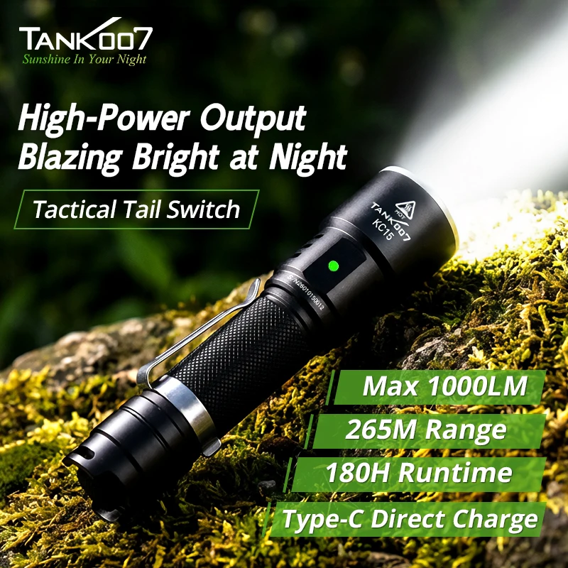 

TANK007 KC15 18650 Rechargeable long-lasting flashlight with aluminum alloy body, suitable for outdoor adventure lighting.