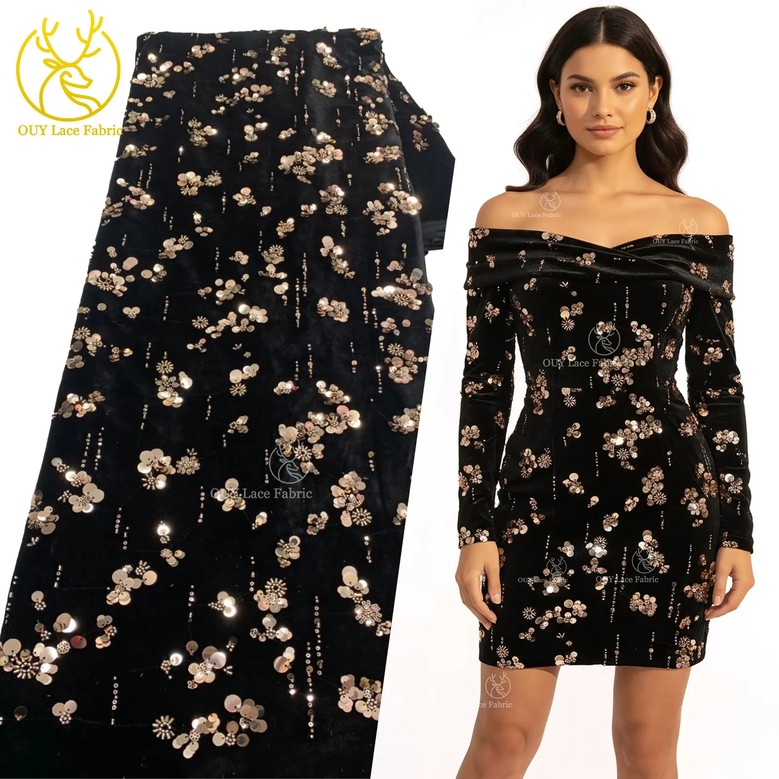 

Luxury French Evening Gown Velvet Sequined Lace Fabric 2026 High-Quality Premium Sequined Lace Fabric for Party Sewing Materials