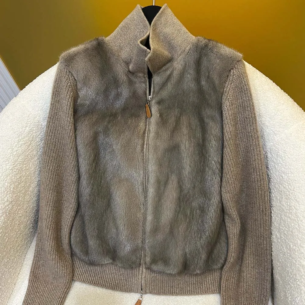 Cappotti in vera pelliccia di visone da donna, cardigan lavorato a maglia a collo alto e sciolto per l'inverno