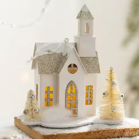 Berserk INS Paper Christmas Decoration Luminescent Mini House,Festive Decor Atmosphere Props Supplies, Snow Church Tree Pendants