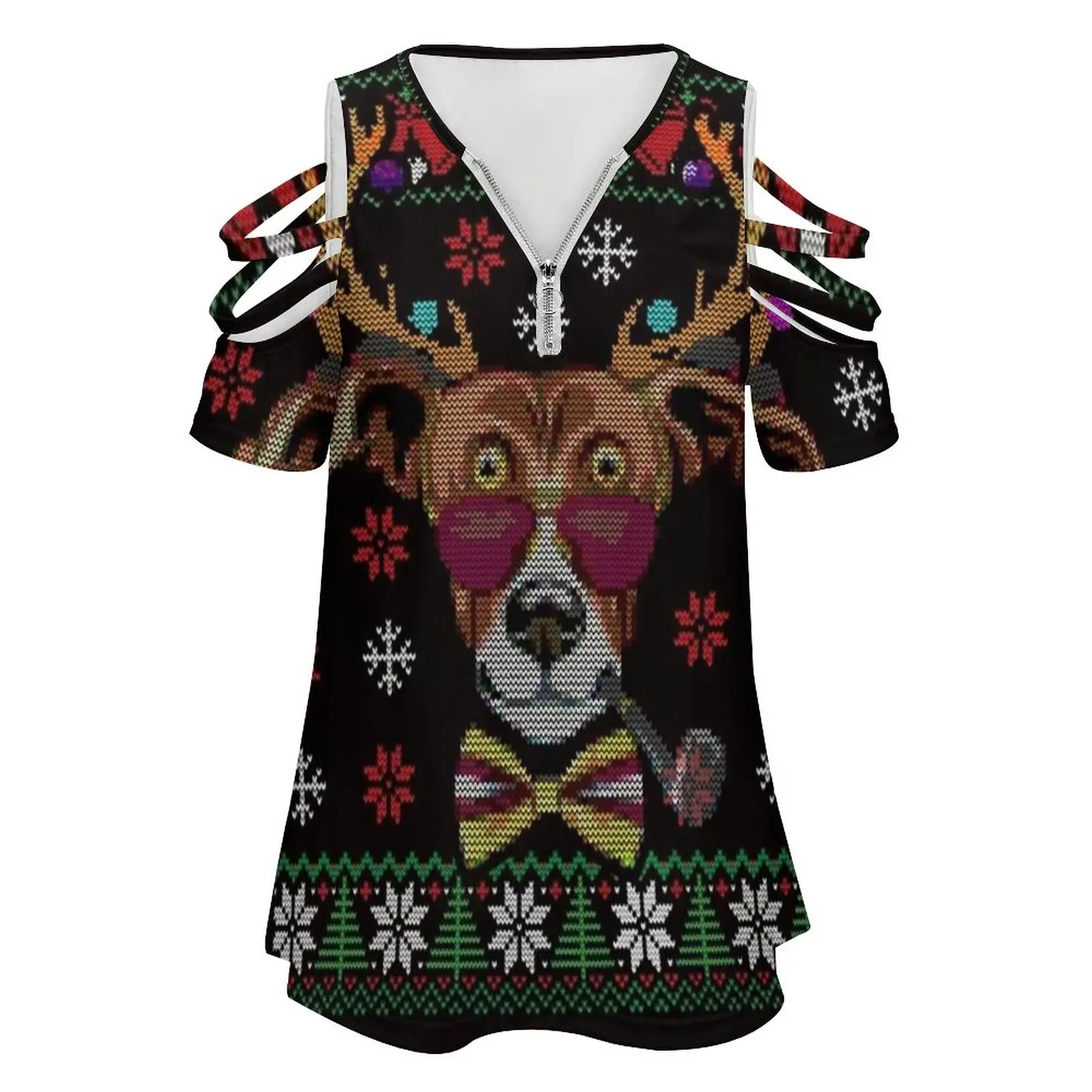 Hipster Greyhound Dog With Antlers Christmas Ugly Sweater Women Zipper Sexy Printed Vintage T Shirts Tops Full Print T-Shirt