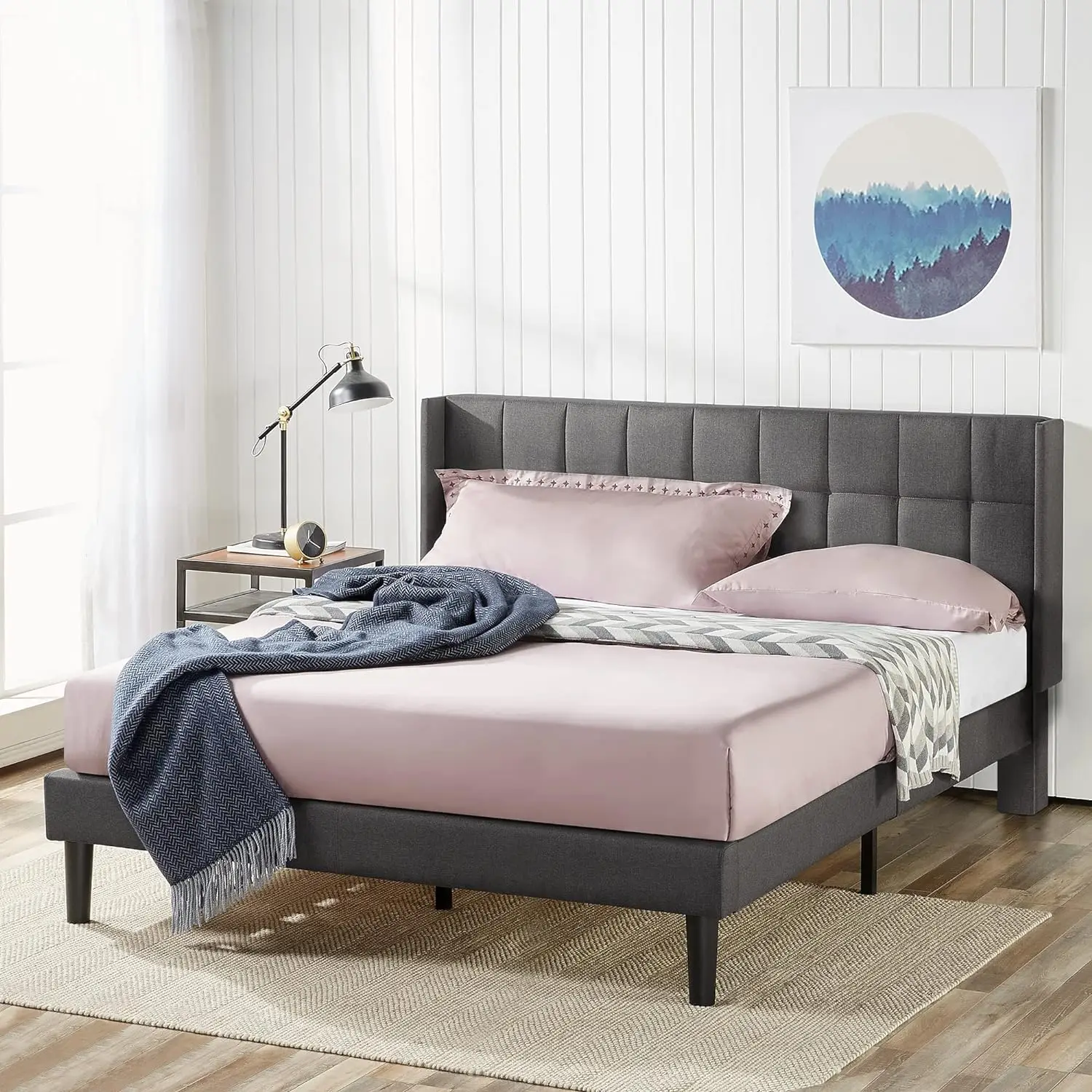 Upholstered Platform Bed Frame with Wingback Headboard,Mattress Foundation,Wood Slat Support,No Box Spring Needed,Easy Assembly