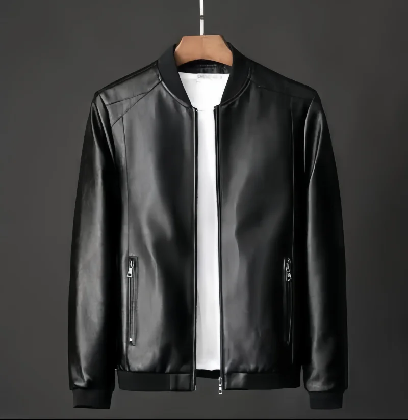 Men's Baseball Collar Pu Leather Jacket, New Spring and Autumn Casual Faux Leather Jacket, Simple Zipper Short Coat