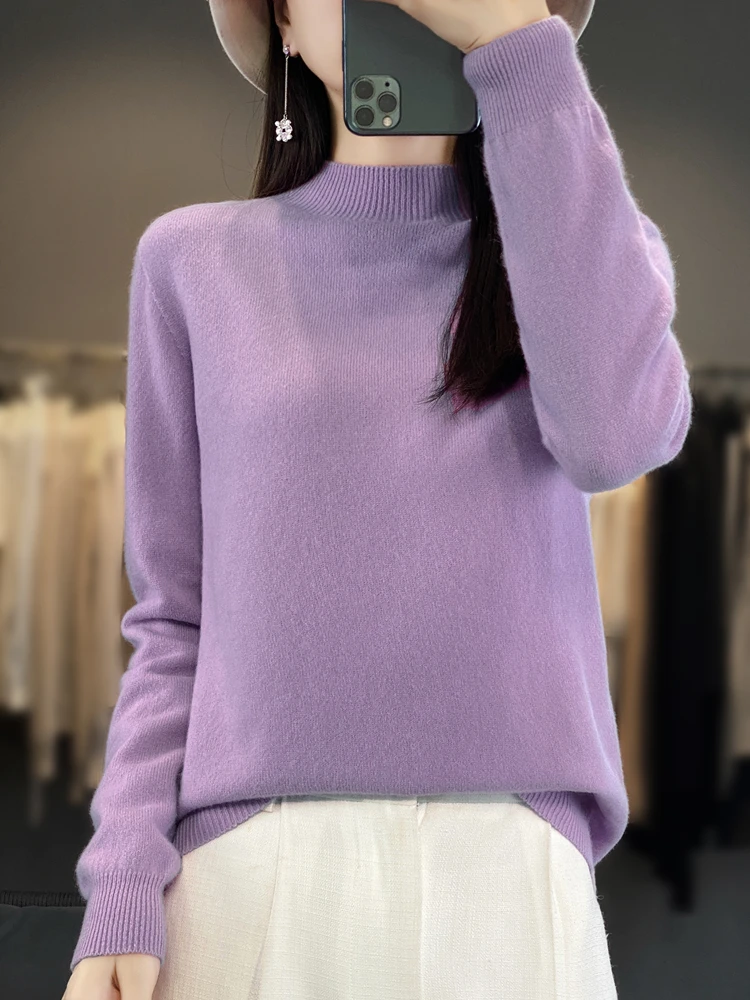 

Basics 2024 Autumn Winter Women Sweater Long Sleeve Mock Collar Knitwear Solid Office Lady Pullover Merino Wool Soft Clothes Top