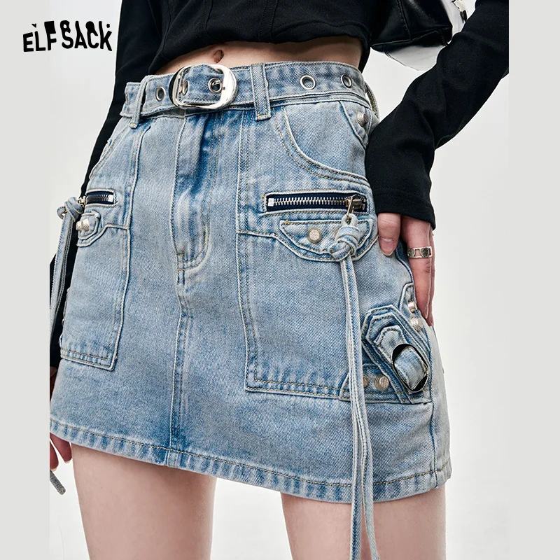 ELFSACK versatile slight color high rise A-line skirt for women 2024 spring thin new trapeze denim material short length pocket