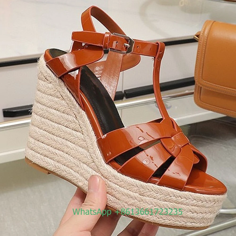 

Women Cross Straps Open Toe Wedges Sandals Solid Color Open Toe Real Patent Leather Espadrilles Shoes Newest Summer 14cm Heels