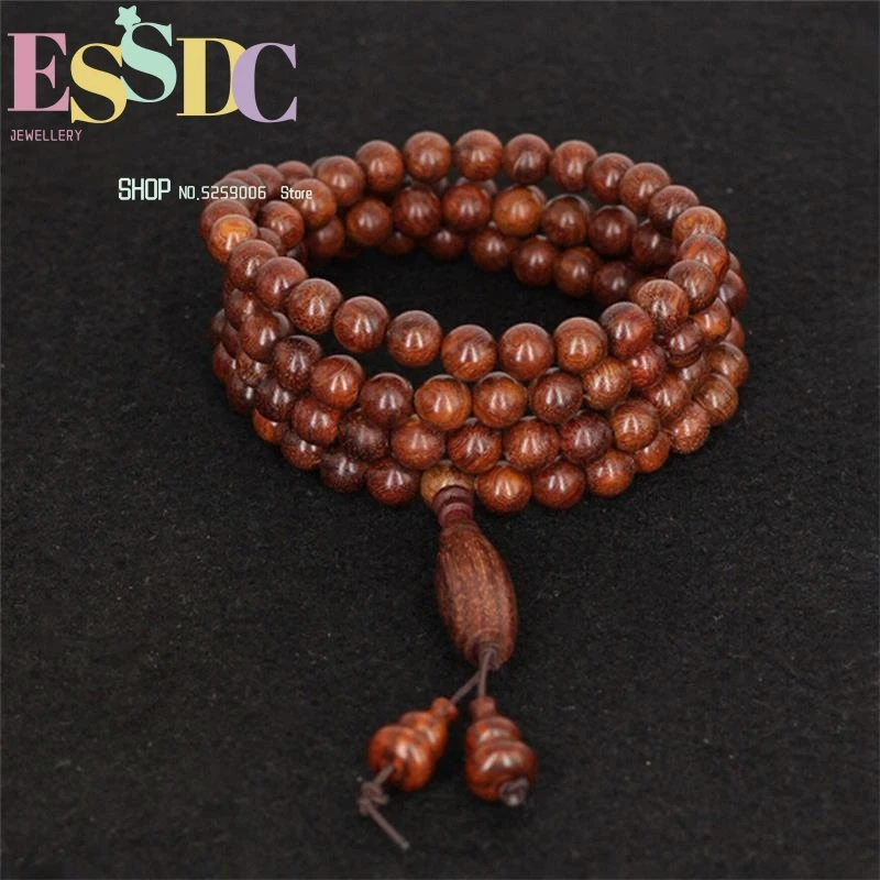 8mm Natural Red Sandalwood 108 Mala Beaded Hot Selling Dzi with Gourd Wood Prayer Bracelets or Necklace Unisex Jewelry