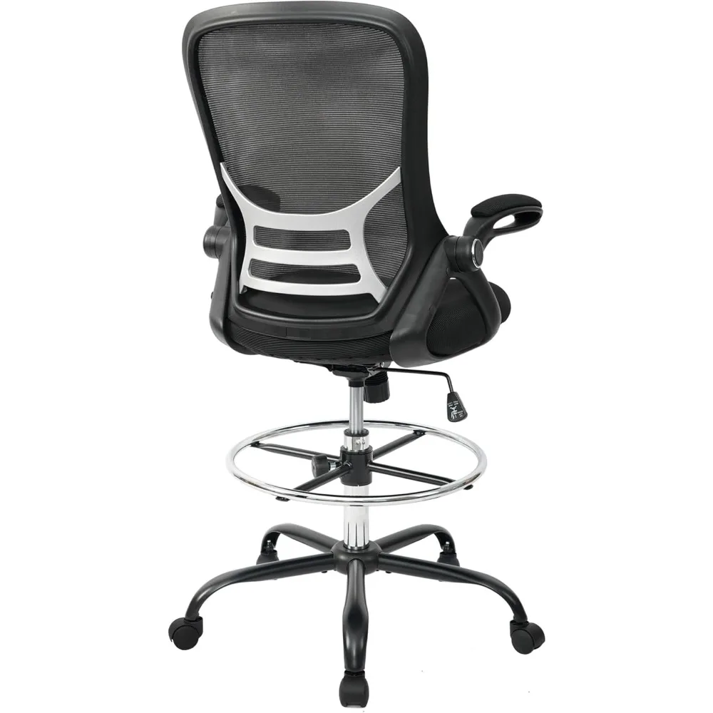 

Drafting Chair Tall Office Chair High-Back Mesh Standing Desk Stool with Adjustable Footrest Ring and Flip-Up Arms (Black)