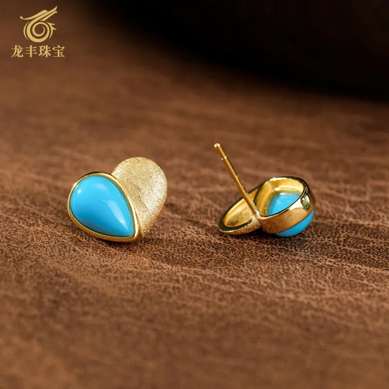 Heart-Shaped Earrings Natural High Porcelain Green Turquoise Silver Plated 18k Gold Heart Women's Earrings