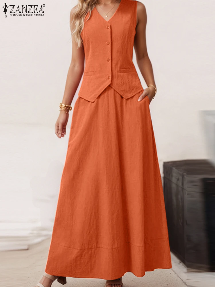 

ZANZEA Women Outfits Solid Color Vintage OL Work Suits 2025 Casual Sleeveless Tank Tops Long Skirts A-Line Two-piece Sets