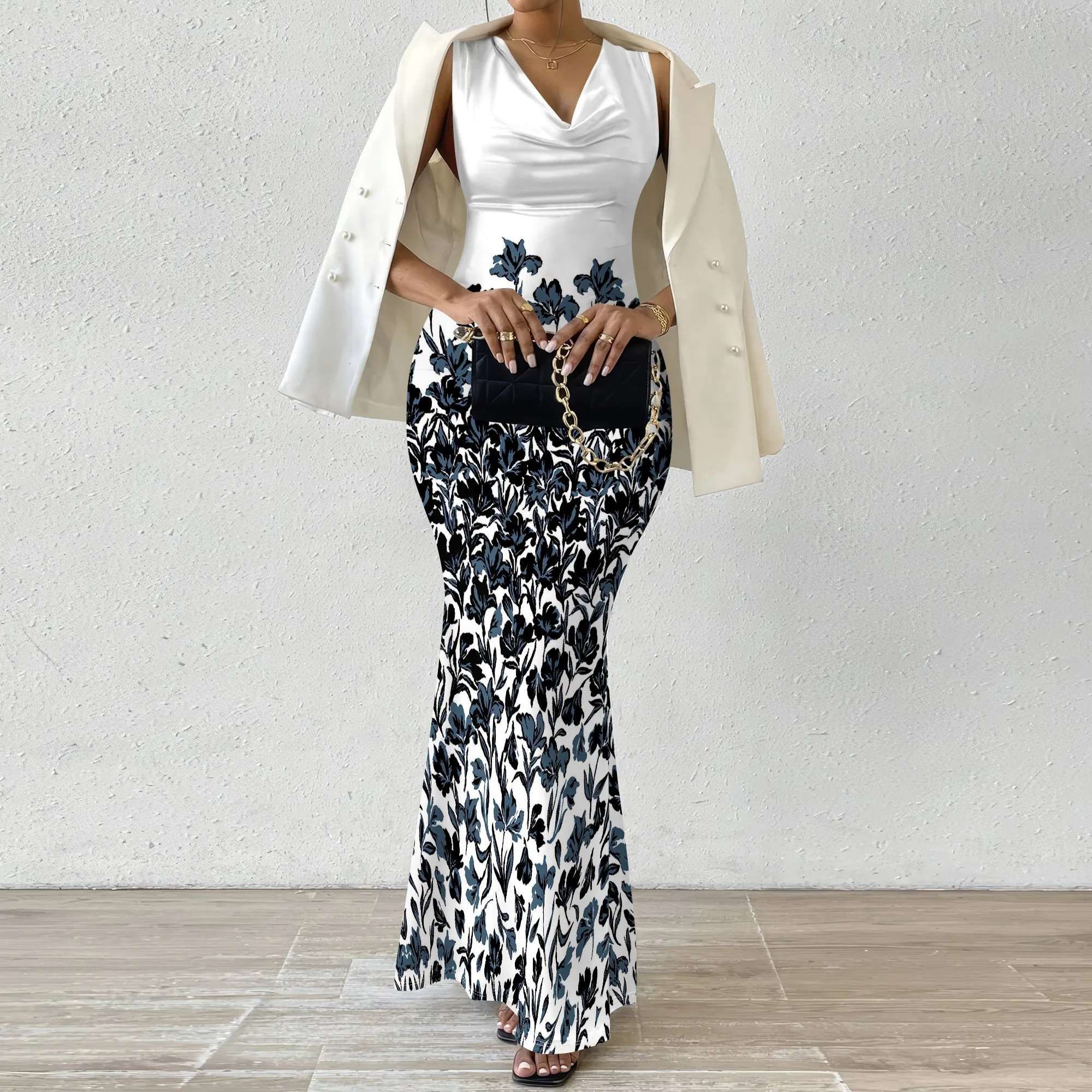 ผู้หญิงคอวีแขนกุด Maxi Dress สีม่วง Sketch พิมพ์ลายดอกไม้ Elegant Bodycon ชุดปาร์ตี้ฤดูร้อน