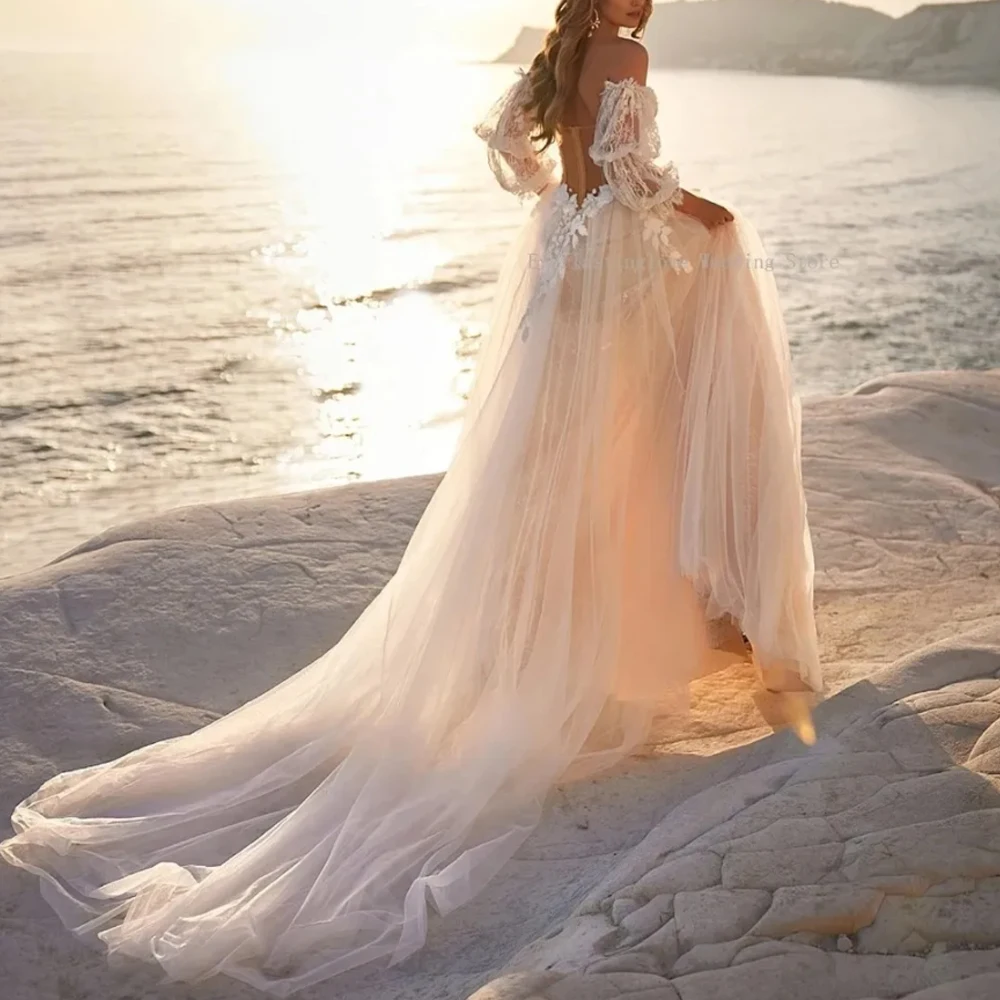 Customized Illusion Bohemian Wedding Dresses Sweetheart A Line Lace Beach Wedding Gown Puffy Sleeve Vestidos De Novia