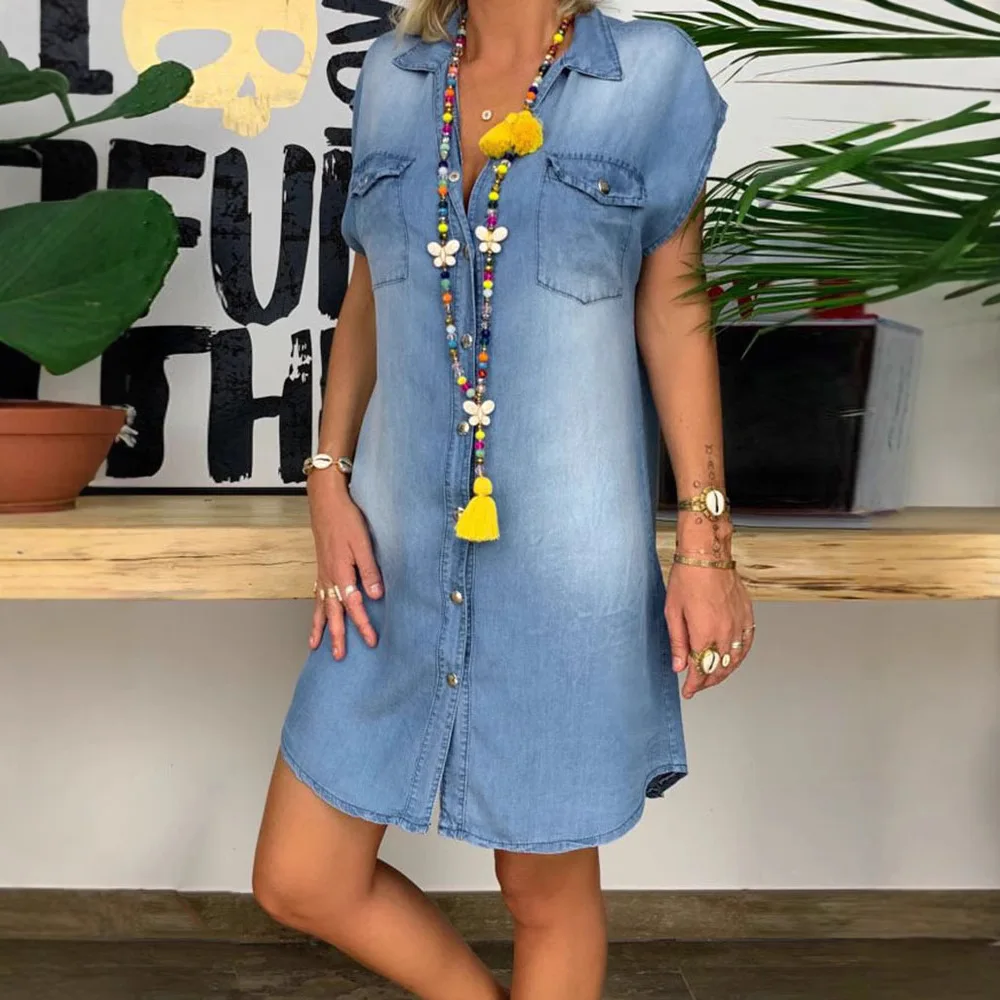 فساتين نسائية من قماش الدنيم فستان صيفي عتيق على شكل حرف A صدر واحد وياقة مقلوبة وجيوب ملابس خروج متعثرة 2025 فيستدوس